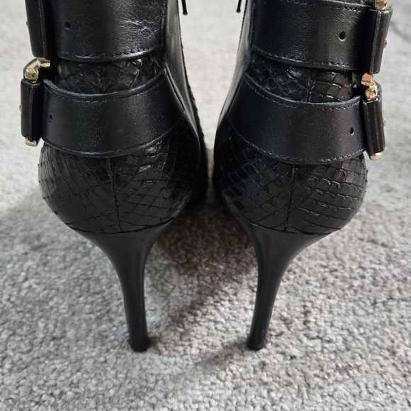 Ann Taylor Black Leather Faux Snakeskin Buckle Accent Booties Stiletto Heel - Picture 5 of 10